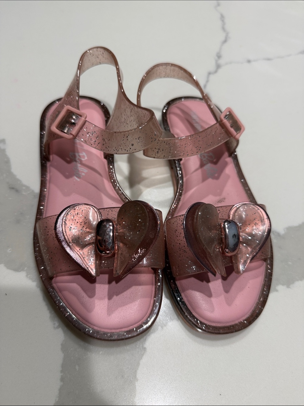 Mini Melissa Pink Glitter Heart Jelly Sandals with Rose-Tinted Straps